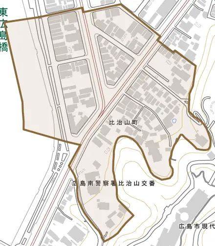 比治山町とその周辺の地図。町の範囲を重ねている
