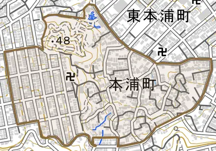 本浦町とその周辺の地図。町の範囲を重ねている