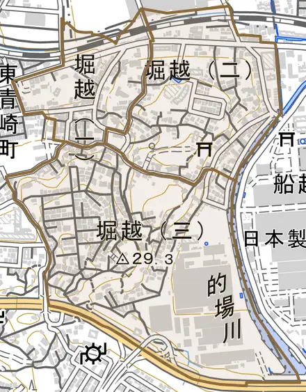 堀越とその周辺の地図。町の範囲を重ねている
