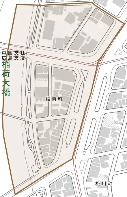 稲荷町とその周辺の地図。町の範囲を重ねている
