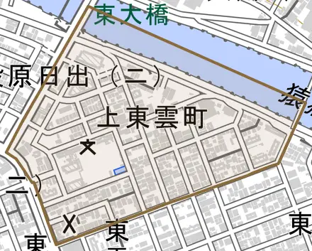上東雲町とその周辺の地図。町の範囲を重ねている
