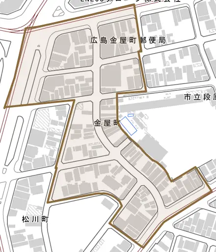 金屋町とその周辺の地図。町の範囲を重ねている