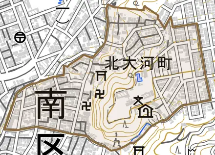 北大河町とその周辺の地図。町の範囲を重ねている