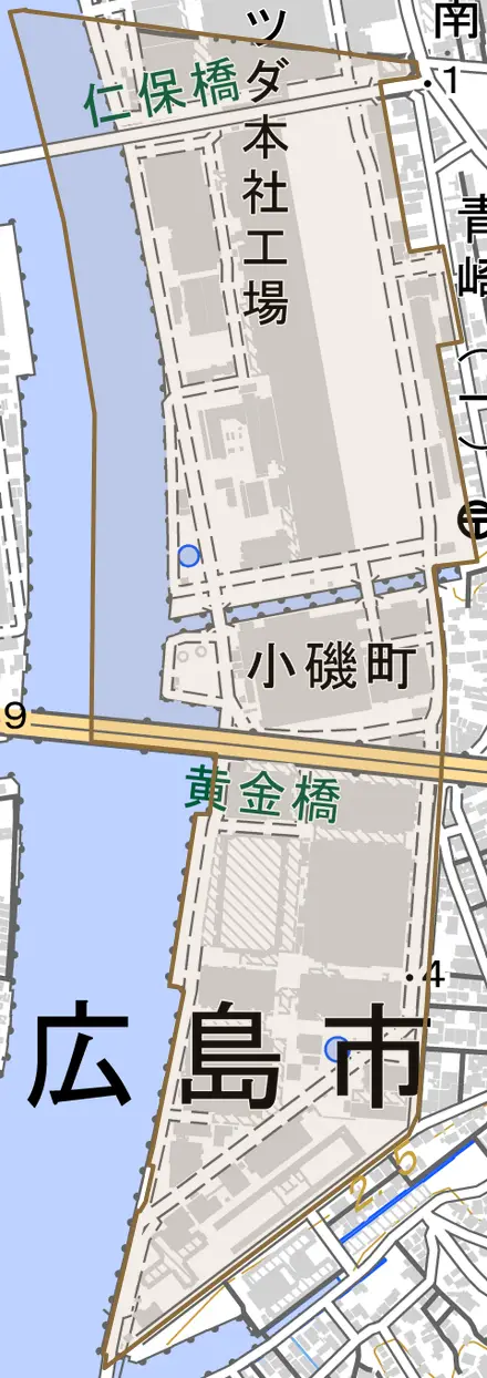小磯町とその周辺の地図。町の範囲を重ねている