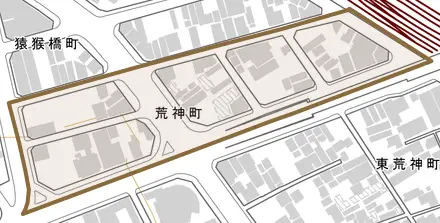 荒神町とその周辺の地図。町の範囲を重ねている