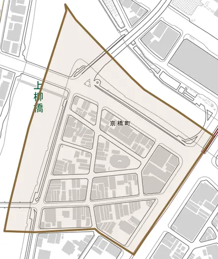 京橋町とその周辺の地図。町の範囲を重ねている