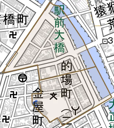 的場町とその周辺の地図。町の範囲を重ねている