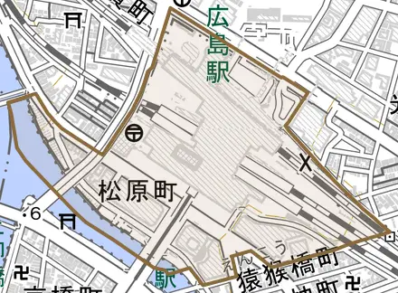 松原町とその周辺の地図。町の範囲を重ねている