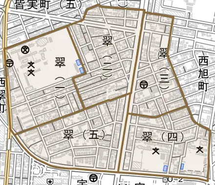 翠とその周辺の地図。町の範囲を重ねている