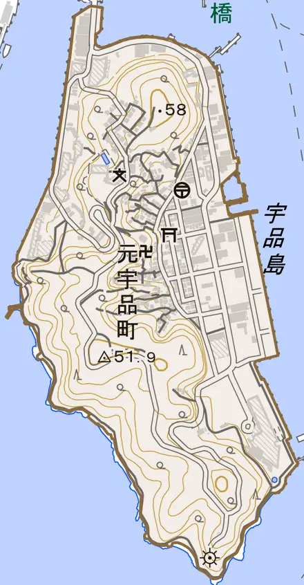 元宇品町とその周辺の地図。町の範囲を重ねている