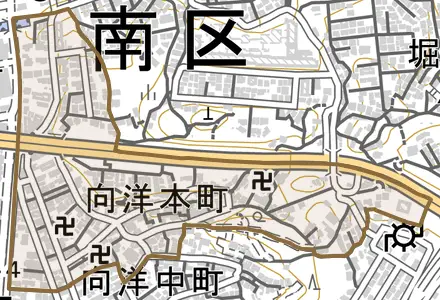 向洋本町とその周辺の地図。町の範囲を重ねている