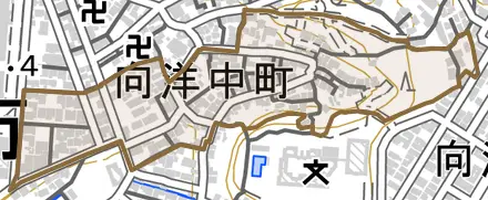 向洋中町とその周辺の地図。町の範囲を重ねている