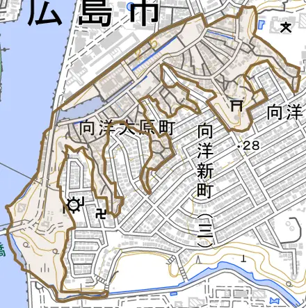 向洋大原町とその周辺の地図。町の範囲を重ねている