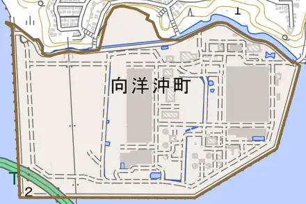 向洋沖町とその周辺の地図。町の範囲を重ねている