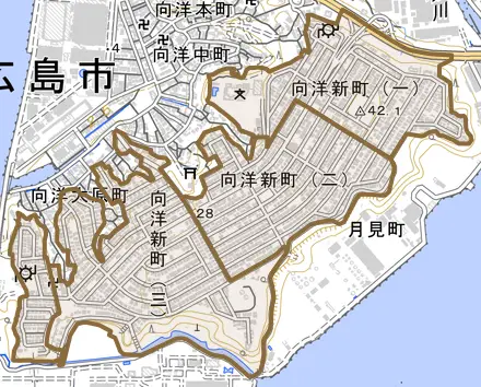 向洋新町とその周辺の地図。町の範囲を重ねている