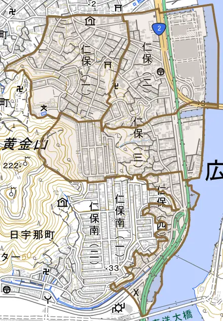 仁保とその周辺の地図。町の範囲を重ねている