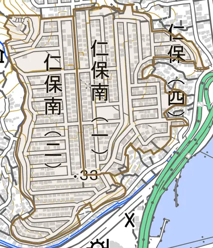仁保南とその周辺の地図。町の範囲を重ねている