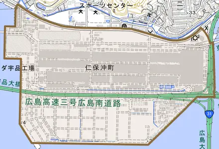 仁保沖町とその周辺の地図。町の範囲を重ねている