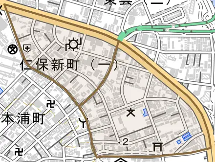仁保新町とその周辺の地図。町の範囲を重ねている