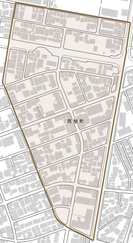 西旭町とその周辺の地図。町の範囲を重ねている