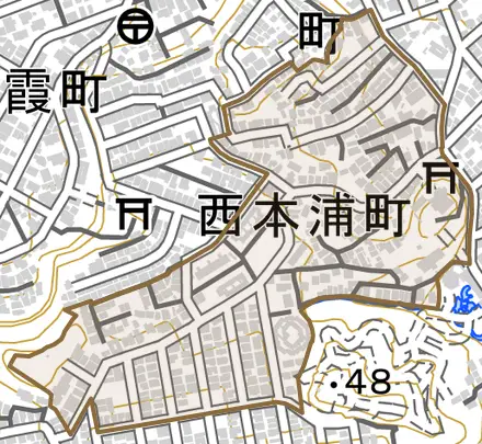西本浦町とその周辺の地図。町の範囲を重ねている