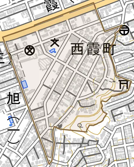 西霞町とその周辺の地図。町の範囲を重ねている