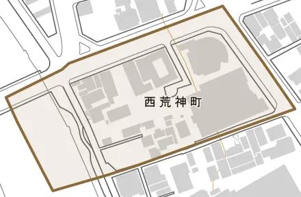 西荒神町とその周辺の地図。町の範囲を重ねている