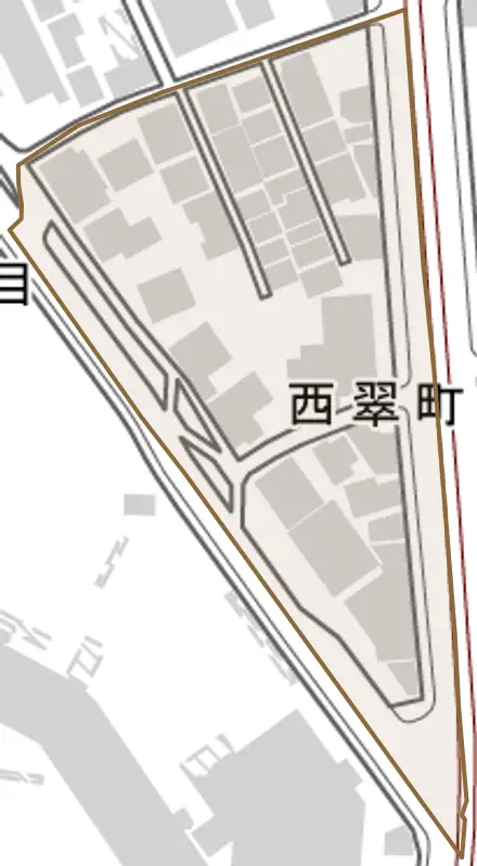 西翠町とその周辺の地図。町の範囲を重ねている