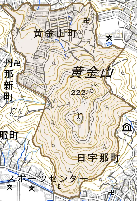 黄金山町とその周辺の地図。町の範囲を重ねている