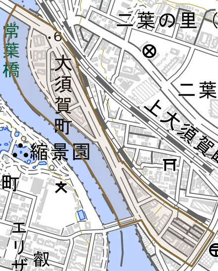 大須賀町とその周辺の地図。町の範囲を重ねている