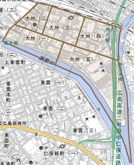 大州とその周辺の地図。町の範囲を重ねている