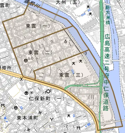 東雲とその周辺の地図。町の範囲を重ねている
