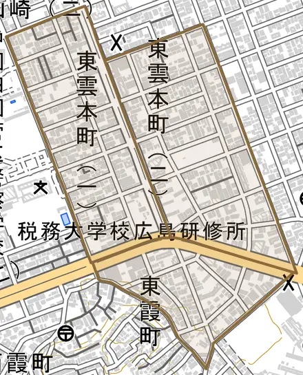 東雲本町とその周辺の地図。町の範囲を重ねている