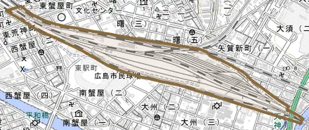 東駅町とその周辺の地図。町の範囲を重ねている