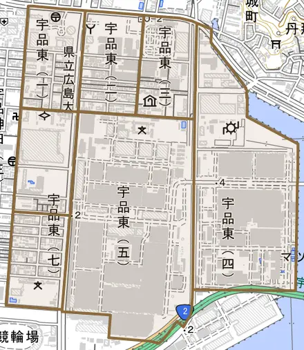 宇品東とその周辺の地図。町の範囲を重ねている