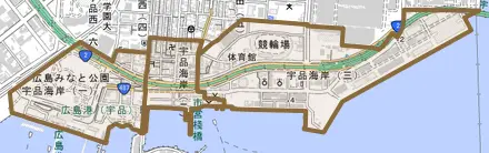 宇品海岸とその周辺の地図。町の範囲を重ねている