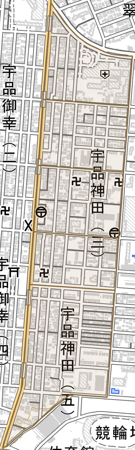 宇品神田とその周辺の地図。町の範囲を重ねている
