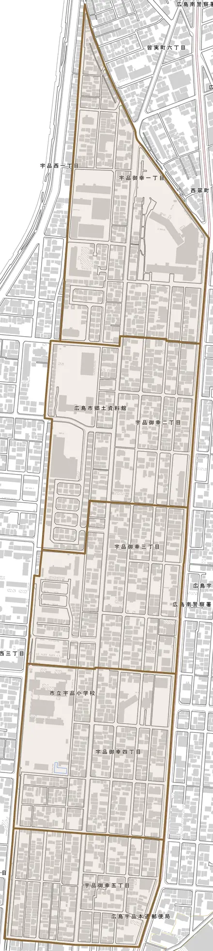 宇品御幸とその周辺の地図。町の範囲を重ねている