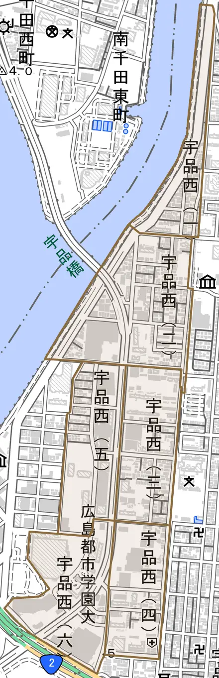 宇品西とその周辺の地図。町の範囲を重ねている