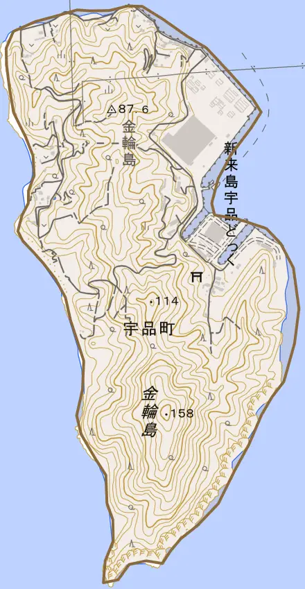 宇品町とその周辺の地図。町の範囲を重ねている