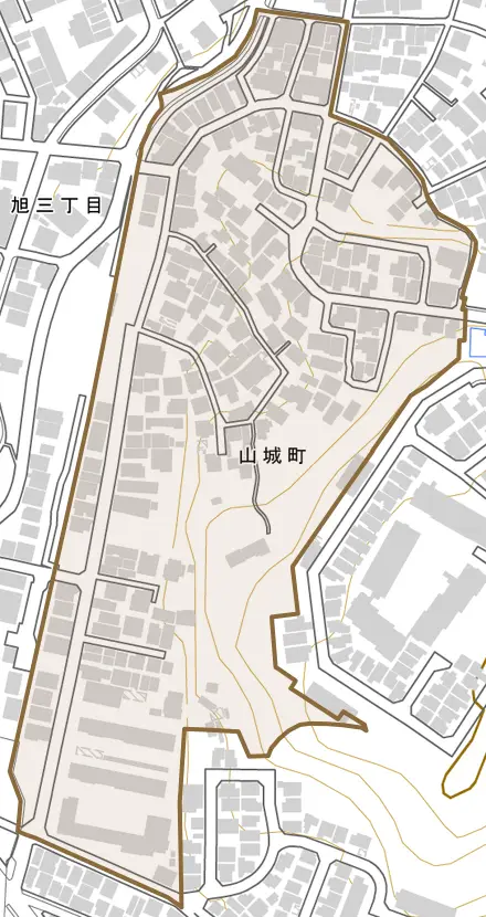 山城町とその周辺の地図。町の範囲を重ねている