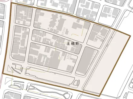 土橋町とその周辺の地図。町の範囲を重ねている