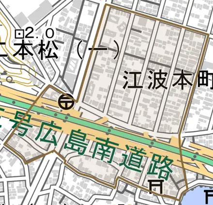 江波本町とその周辺の地図。町の範囲を重ねている