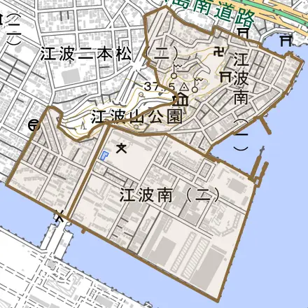 江波南とその周辺の地図。町の範囲を重ねている