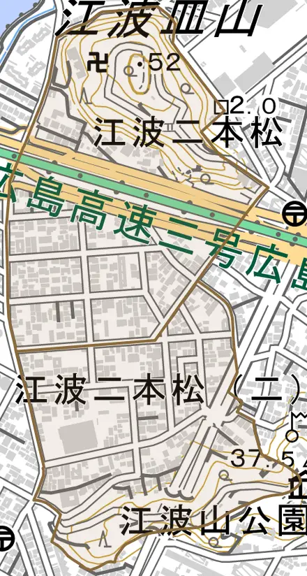 江波二本松とその周辺の地図。町の範囲を重ねている