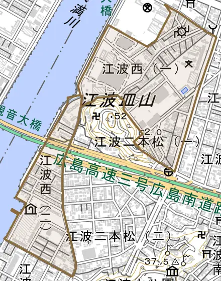 江波西とその周辺の地図。町の範囲を重ねている