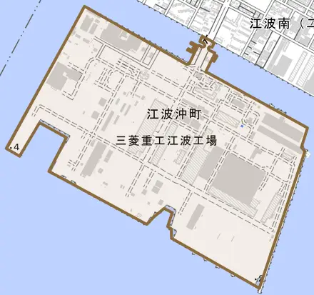 江波沖町とその周辺の地図。町の範囲を重ねている