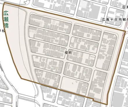榎町とその周辺の地図。町の範囲を重ねている
