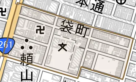 袋町とその周辺の地図。町の範囲を重ねている