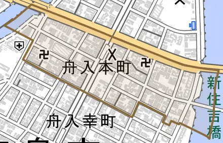 舟入本町とその周辺の地図。町の範囲を重ねている